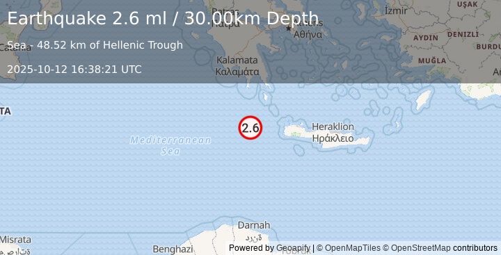 Earthquake CENTRAL MEDITERRANEAN SEA (2.6 ml) (2025-10-12 16:38:21 UTC)