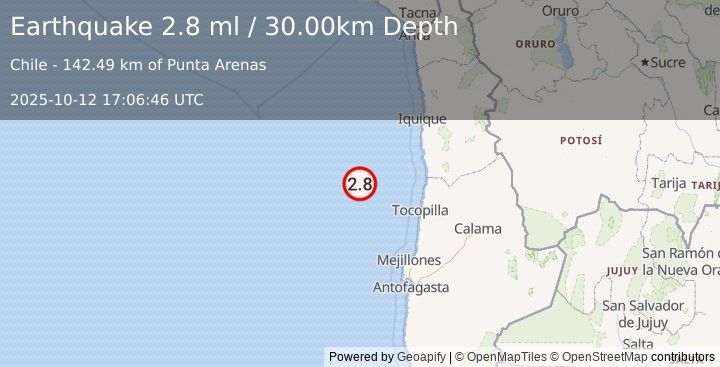 Earthquake OFF COAST OF ANTOFAGASTA, CHILE (2.8 ml) (2025-10-12 17:06:46 UTC)