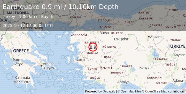 Earthquake WESTERN TURKEY (0.9 ml) (2025-10-12 17:00:02 UTC)