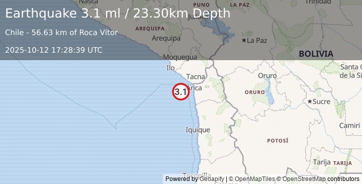 Earthquake OFFSHORE TARAPACA, CHILE (3.1 ml) (2025-10-12 17:28:39 UTC)