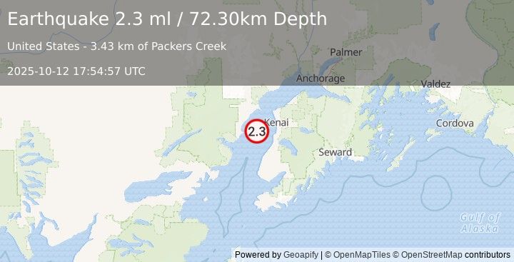Earthquake KENAI PENINSULA, ALASKA (2.3 ml) (2025-10-12 17:54:57 UTC)