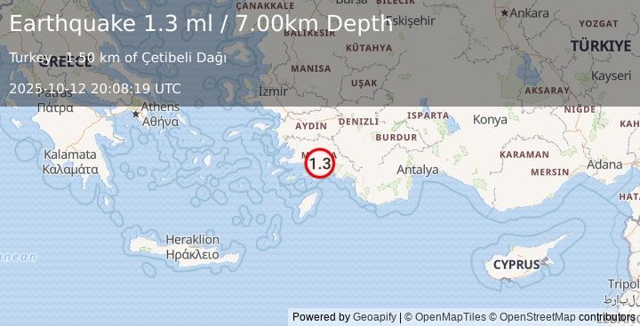 Earthquake WESTERN TURKEY (1.3 ml) (2025-10-12 20:08:19 UTC)