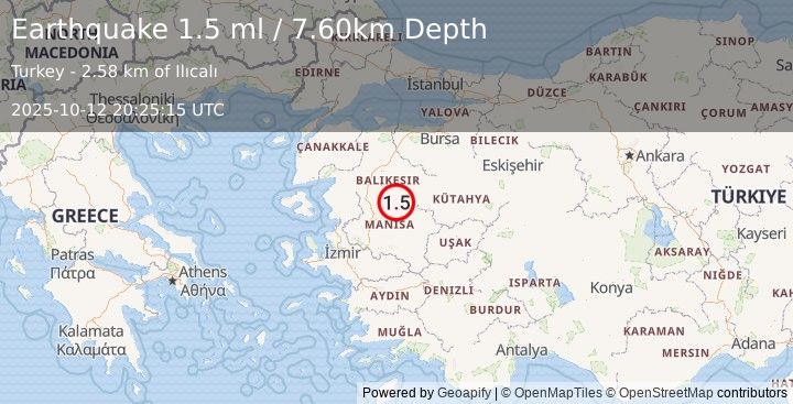 Earthquake WESTERN TURKEY (1.5 ml) (2025-10-12 20:25:15 UTC)