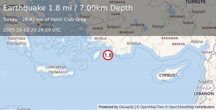 Earthquake DODECANESE IS.-TURKEY BORDER REG (1.8 ml) (2025-10-12 20:26:29 UTC)