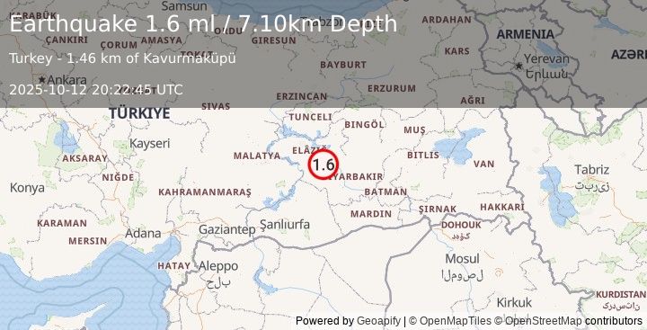 Earthquake EASTERN TURKEY (1.6 ml) (2025-10-12 20:22:45 UTC)