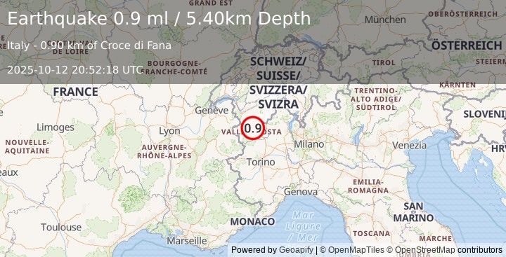 Earthquake NORTHERN ITALY (0.9 ml) (2025-10-12 20:52:18 UTC)