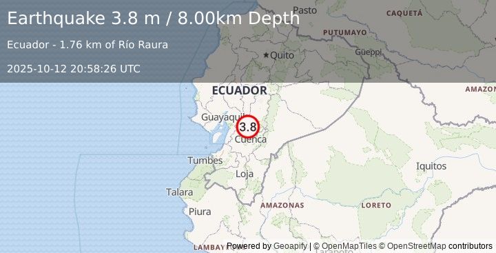 Earthquake NEAR COAST OF ECUADOR (3.4 ml) (2025-10-12 20:58:21 UTC)