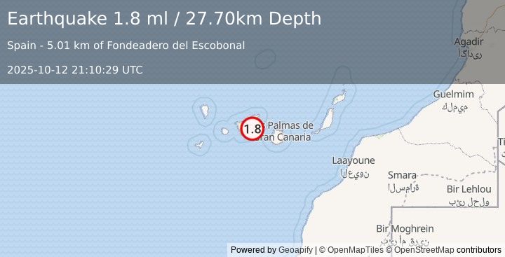 Earthquake CANARY ISLANDS, SPAIN REGION (1.8 ml) (2025-10-12 21:10:29 UTC)