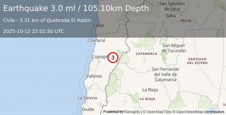 Earthquake ATACAMA, CHILE (3.0 ml) (2025-10-12 22:02:50 UTC)