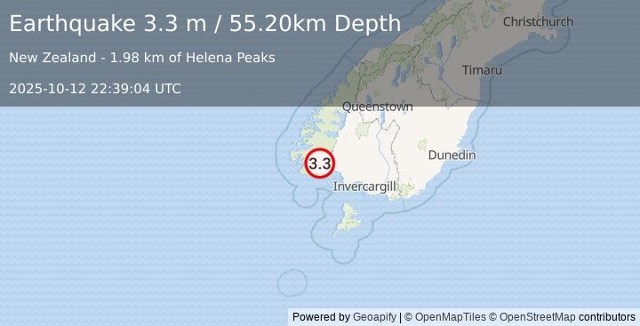 Earthquake OFF W. COAST OF S. ISLAND, N.Z. (3.3 m) (2025-10-12 22:39:04 UTC)