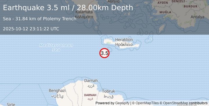 Earthquake CRETE, GREECE (3.5 ml) (2025-10-12 23:11:16 UTC)