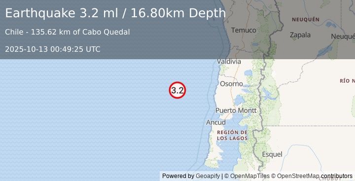Earthquake OFF COAST OF LOS LAGOS, CHILE (3.2 ml) (2025-10-13 00:49:25 UTC)
