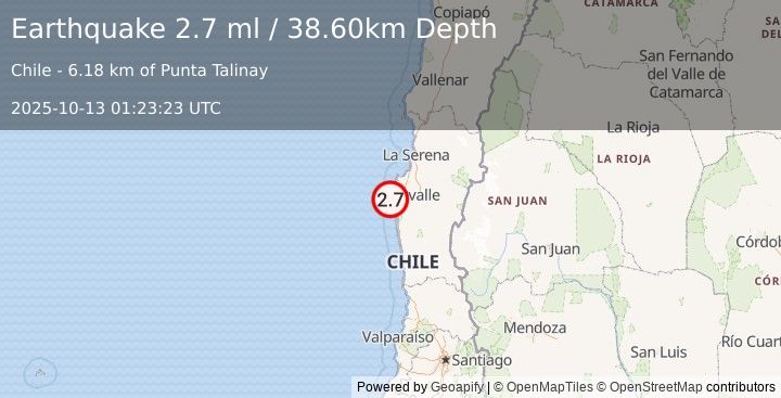 Earthquake OFFSHORE COQUIMBO, CHILE (2.7 ml) (2025-10-13 01:23:23 UTC)