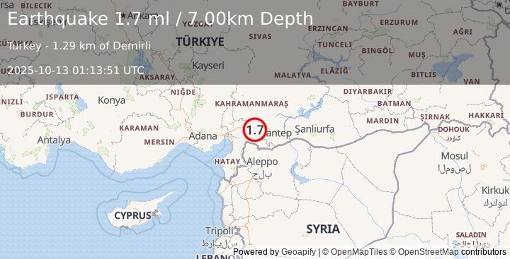 Earthquake CENTRAL TURKEY (1.7 ml) (2025-10-13 01:13:51 UTC)