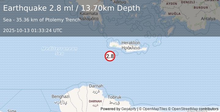 Earthquake CRETE, GREECE (2.8 ml) (2025-10-13 01:33:24 UTC)