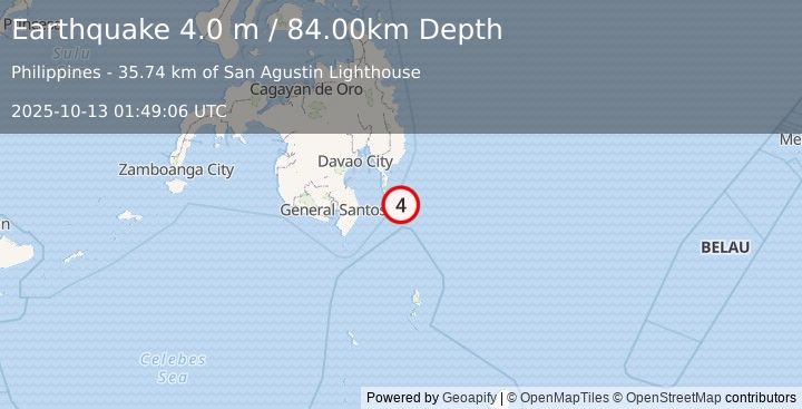 Earthquake MINDANAO, PHILIPPINES (4.0 m) (2025-10-13 01:49:06 UTC)