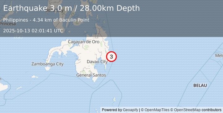 Earthquake MINDANAO, PHILIPPINES (3.0 m) (2025-10-13 02:01:41 UTC)