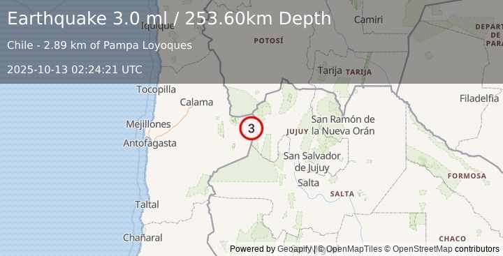 Earthquake ANTOFAGASTA, CHILE (3.0 ml) (2025-10-13 02:24:21 UTC)
