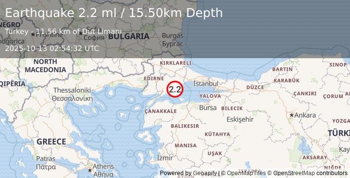 Earthquake WESTERN TURKEY (2.2 ml) (2025-10-13 02:54:32 UTC)