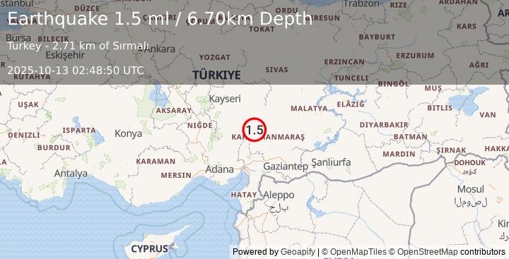 Earthquake CENTRAL TURKEY (1.5 ml) (2025-10-13 02:48:50 UTC)
