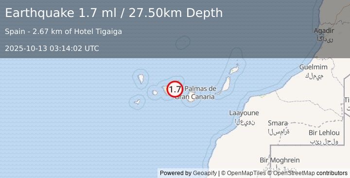 Earthquake CANARY ISLANDS, SPAIN REGION (1.7 ml) (2025-10-13 03:14:02 UTC)