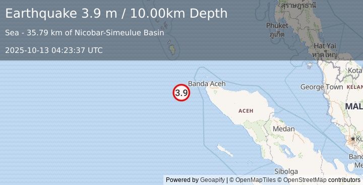 Earthquake NORTHERN SUMATRA, INDONESIA (3.9 m) (2025-10-13 04:23:37 UTC)