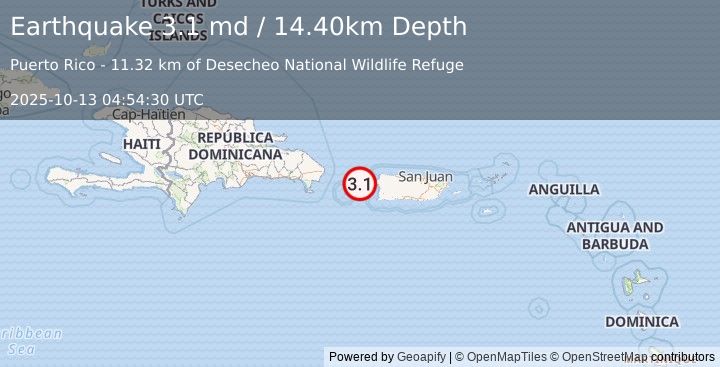 Earthquake MONA PASSAGE, PUERTO RICO (3.1 md) (2025-10-13 04:54:30 UTC)