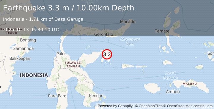 Earthquake SULAWESI, INDONESIA (3.3 m) (2025-10-13 05:30:10 UTC)