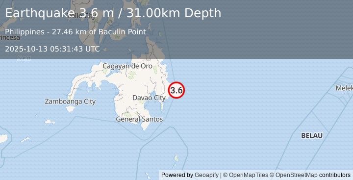 Earthquake MINDANAO, PHILIPPINES (3.6 m) (2025-10-13 05:31:43 UTC)
