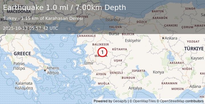 Earthquake WESTERN TURKEY (1.0 ml) (2025-10-13 05:57:42 UTC)