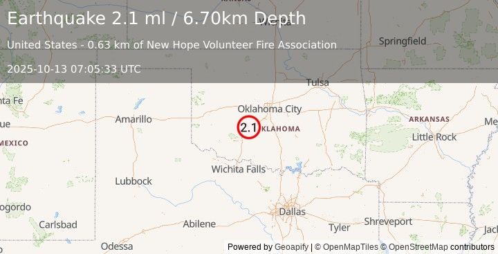 Earthquake OKLAHOMA (2.1 ml) (2025-10-13 07:05:33 UTC)