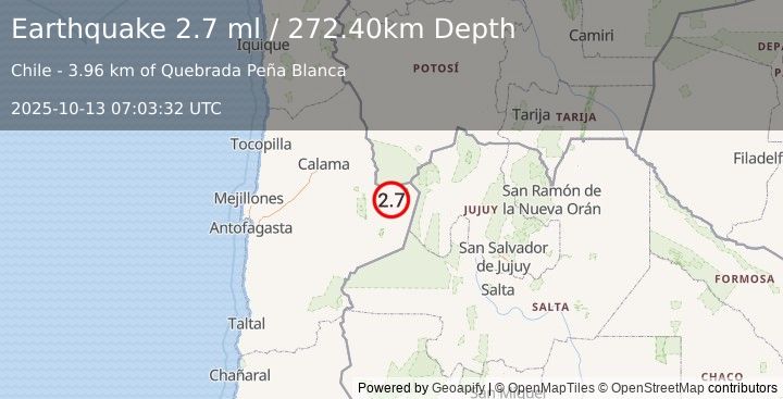 Earthquake ANTOFAGASTA, CHILE (2.7 ml) (2025-10-13 07:03:32 UTC)