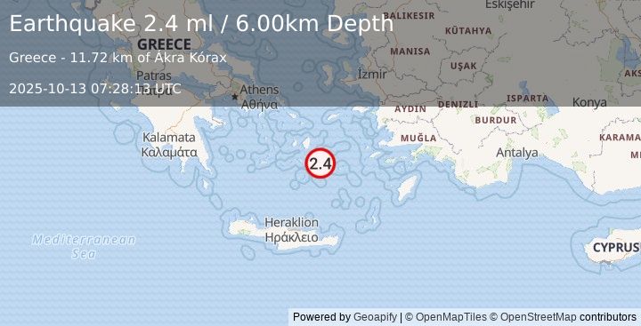 Earthquake DODECANESE ISLANDS, GREECE (2.4 ml) (2025-10-13 07:28:13 UTC)