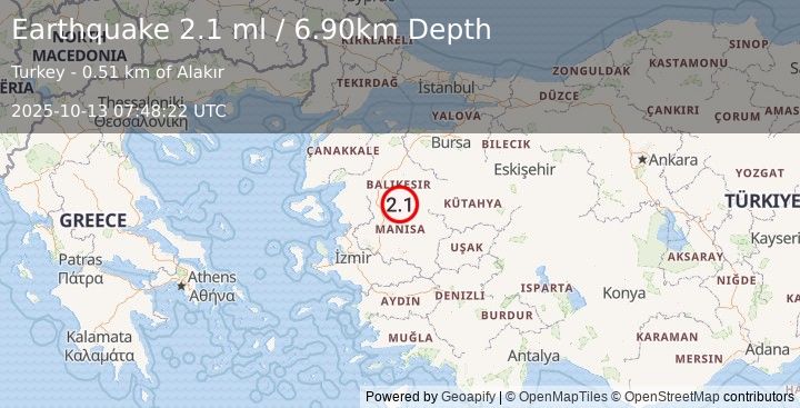 Earthquake WESTERN TURKEY (1.7 ml) (2025-10-13 07:48:10 UTC)