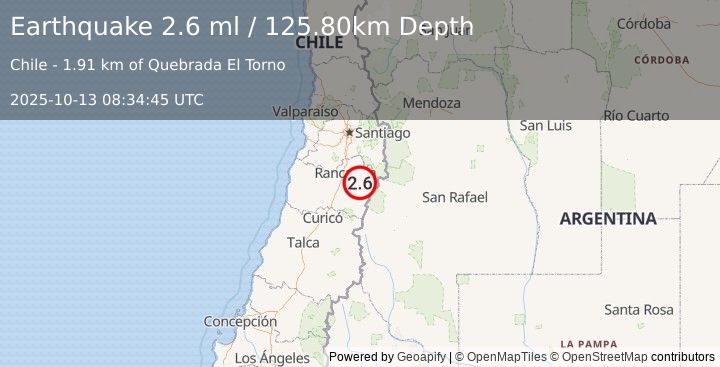 Earthquake LIBERTADOR O'HIGGINS, CHILE (2.6 ml) (2025-10-13 08:34:45 UTC)