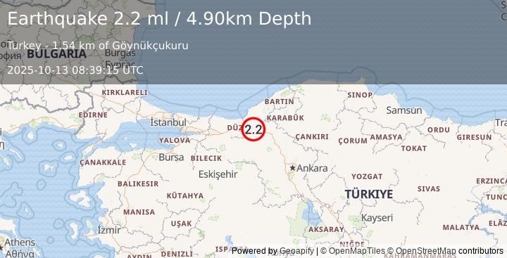Earthquake WESTERN TURKEY (2.2 ml) (2025-10-13 08:39:15 UTC)