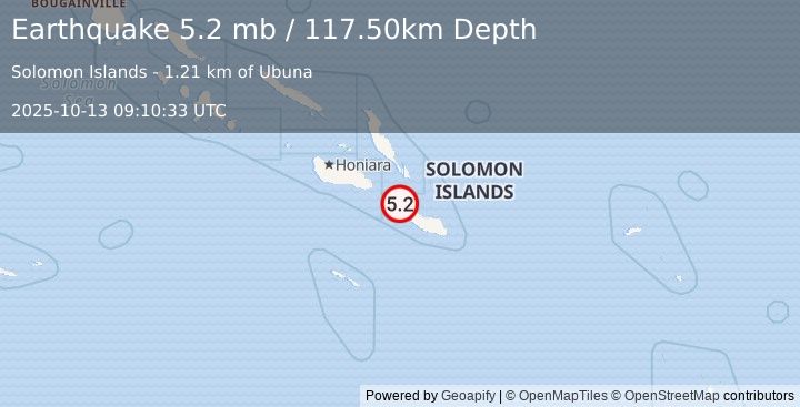 Earthquake SOLOMON ISLANDS (4.9 mb) (2025-10-13 09:10:31 UTC)