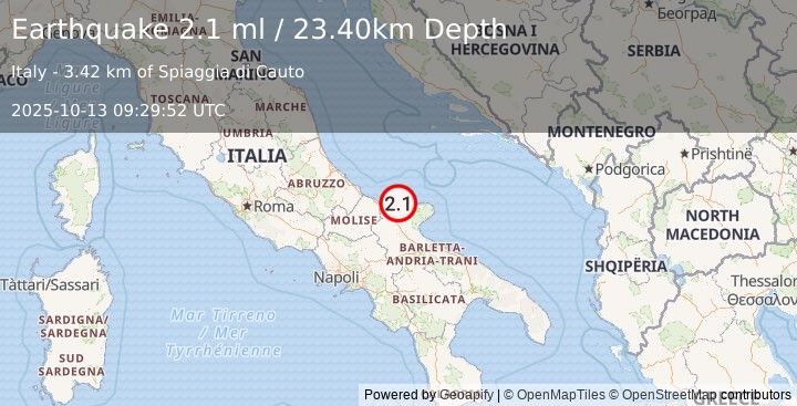 Earthquake SOUTHERN ITALY (2.1 ml) (2025-10-13 09:29:52 UTC)
