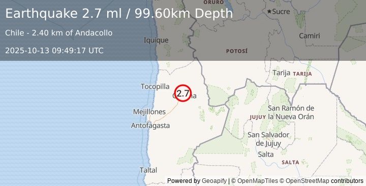 Earthquake ANTOFAGASTA, CHILE (2.7 ml) (2025-10-13 09:49:17 UTC)