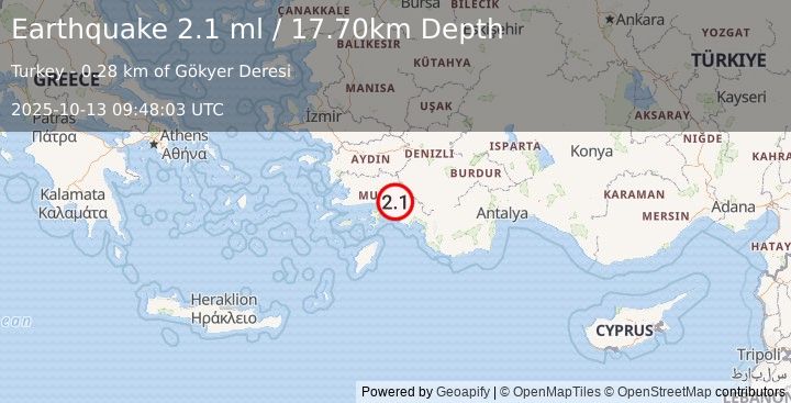 Earthquake WESTERN TURKEY (2.1 ml) (2025-10-13 09:48:03 UTC)