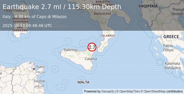 Earthquake SICILY, ITALY (2.7 ml) (2025-10-13 09:48:46 UTC)
