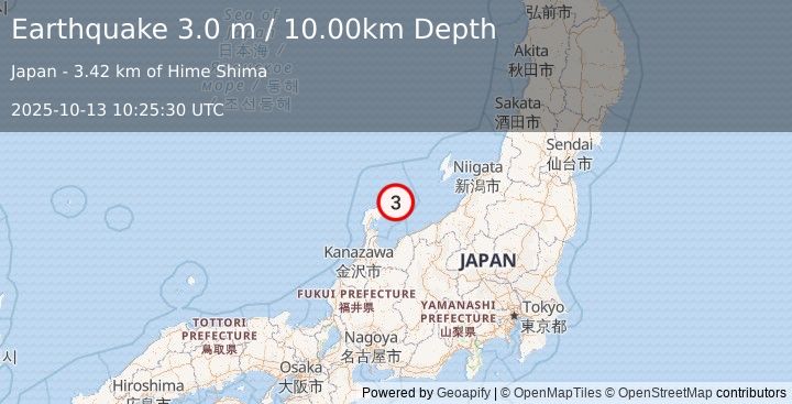Earthquake NEAR WEST COAST OF HONSHU, JAPAN (3.0 m) (2025-10-13 10:25:30 UTC)