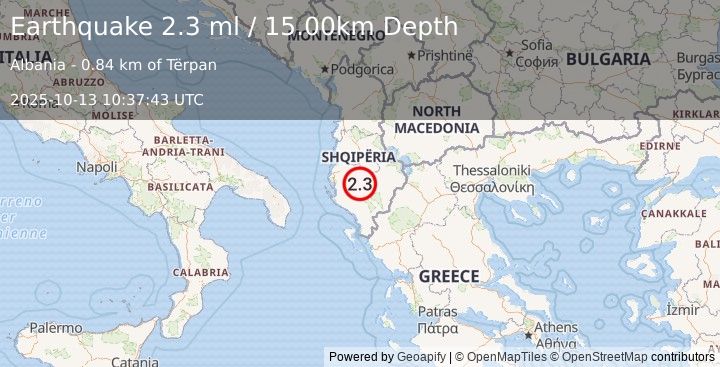 Earthquake ALBANIA (2.3 ml) (2025-10-13 10:37:43 UTC)