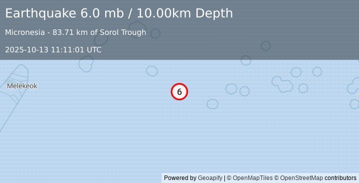 Earthquake STATE OF YAP, MICRONESIA (5.9 mw) (2025-10-13 11:11:00 UTC)