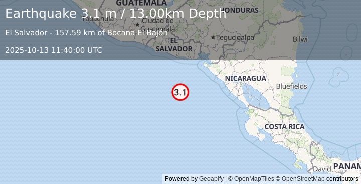 Earthquake OFF COAST OF CENTRAL AMERICA (3.1 m) (2025-10-13 11:40:00 UTC)