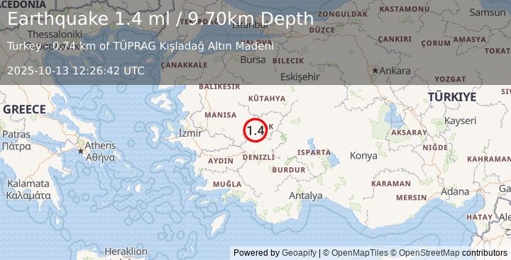 Earthquake WESTERN TURKEY (1.4 ml) (2025-10-13 12:26:41 UTC)