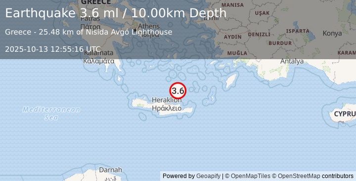 Earthquake CRETE, GREECE (3.6 ml) (2025-10-13 12:55:16 UTC)