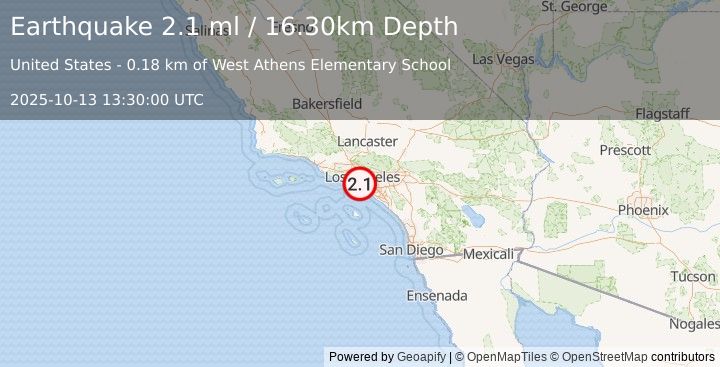 Earthquake GREATER LOS ANGELES AREA, CALIF. (2.1 ml) (2025-10-13 13:30:00 UTC)