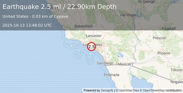 Earthquake GREATER LOS ANGELES AREA, CALIF. (2.5 ml) (2025-10-13 13:48:02 UTC)