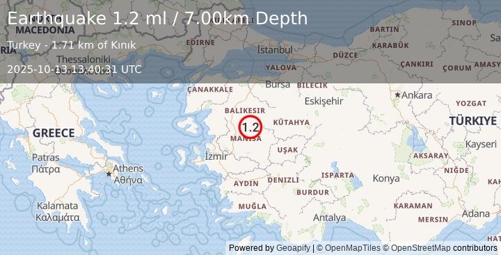 Earthquake WESTERN TURKEY (1.2 ml) (2025-10-13 13:40:31 UTC)